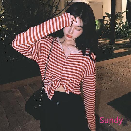 Áo cardigan dệt kim cổ tròn dáng rộng kẻ sọc phong cách retro Hàn Quốc cho nữ