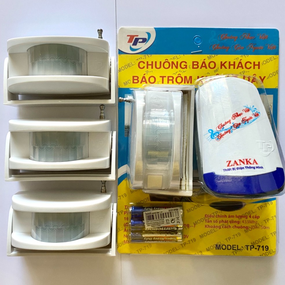 Bộ 3 Chuông 1 Mắt báo khách [Trắng] TP-719-IV kết hợp báo trộm cảm ứng hồng ngoại chuyển động [TẶNG KÈM PIN]