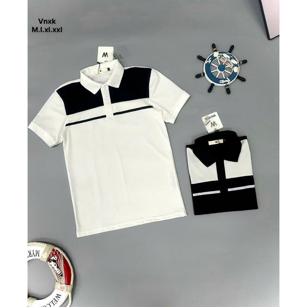 Áo thun nam ngắn tay POLO phối trắng đen đơn giản vải cotton giãn bốn chiều
