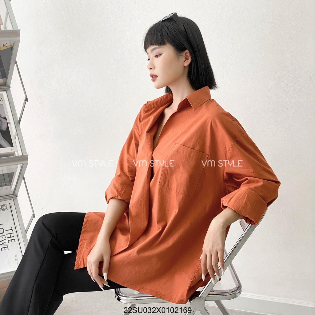 Áo sơ mi tay dài chéo vạt lệch VM STYLE 1 túi 10444 hàn quốc ulzzang thời trang nữ 22SU032X0102