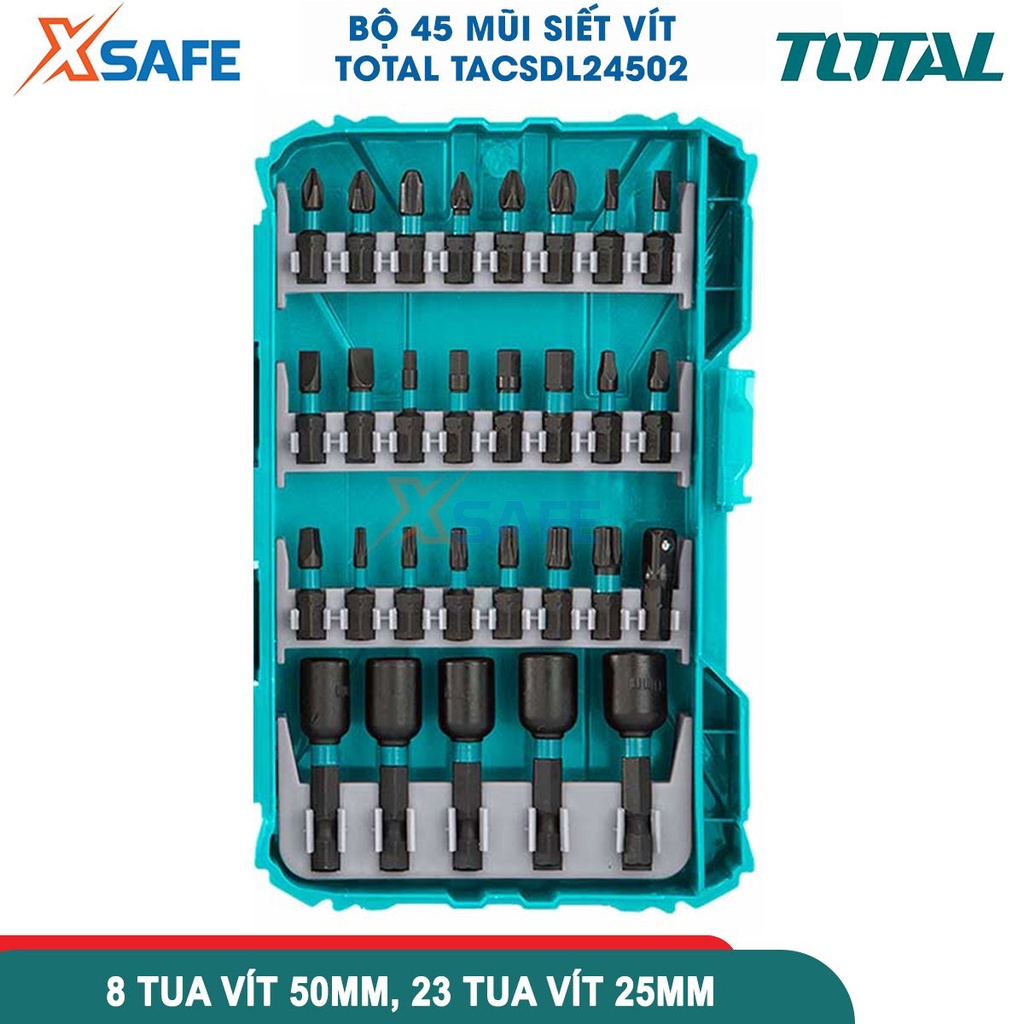 Bộ 45 mũi siết vít TOTAL TACSDL24502 gồm đầu vít, đầu chuyển đổi, mũi khoan HSS và đai ốc từ tính - chính hãng