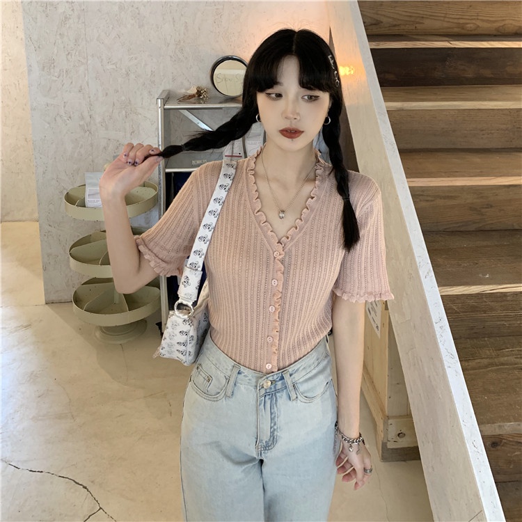 【ZHELIHANGFEI】 Áo Thun Cardigan Dệt Kim Lụa Lạnh Mỏng Tay Ngắn Cổ Chữ v Thời Trang Mùa Hè 2022 Phong Cách Mới Ngọt Ngào Cho Nữ