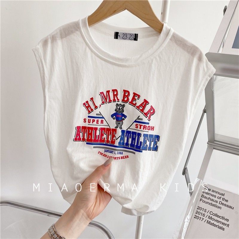 [Babycat] Hàng Có Sẵn Áo Thun Cotton Không Tay Dáng Rộng In Hoạt Hình Phong Cách Nhật Bản Hàn Quốc Cho Trẻ Em