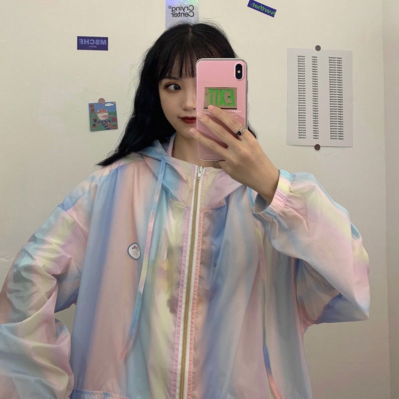 Áo Khoác Hoodie Chống Nắng Dáng Rộng Có Khóa Kéo Màu Sắc Cầu Vồng Phong Cách Hàn Quốc Cho Nữ