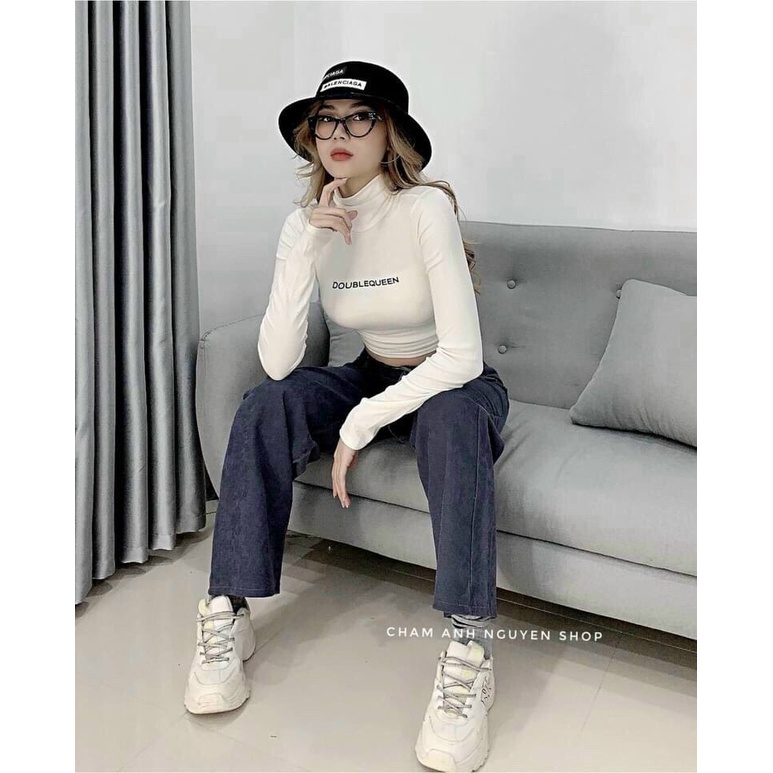 Áo thun croptop cổ cao in chữ siêu hot