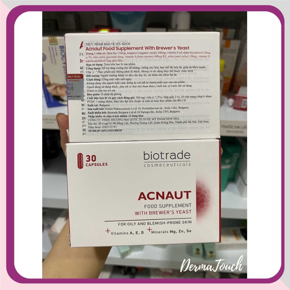 [Shopee Trợ Giá] Viên uống Biotrade Acnaut Food Supplement Giảm mụn điều tiết bã nhờn hộp 30 viên - DMP Derma Touch