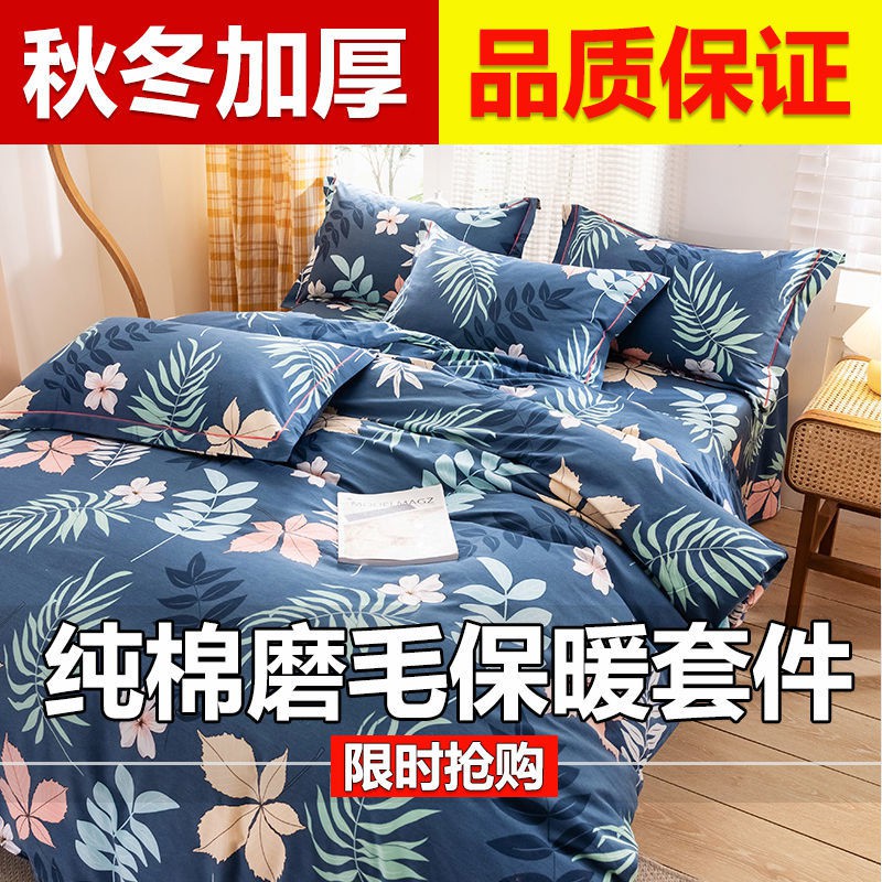 Bộ bốn mảnh chải lông dày, 100% cotton, khăn trải giường mùa đông, vỏ chăn, chăn đôi, ba <