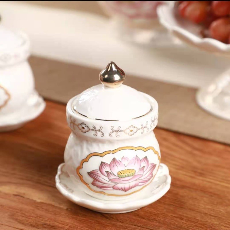 Đồ Thờ Cúng - Set Đồ Thờ Phụng Sứ Trắng Hoa Sen Hồng Cao Cấp