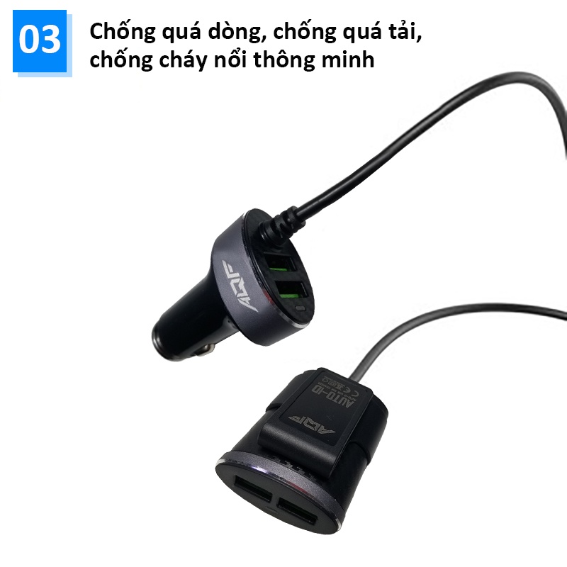 Tẩu sạc 4 cổng USB kéo dài 1m, dock sạc nhanh 20W 2 USB phía trước + 2 USB nối dài trên xe ô tô, xe hơi, điện áp 12-24V