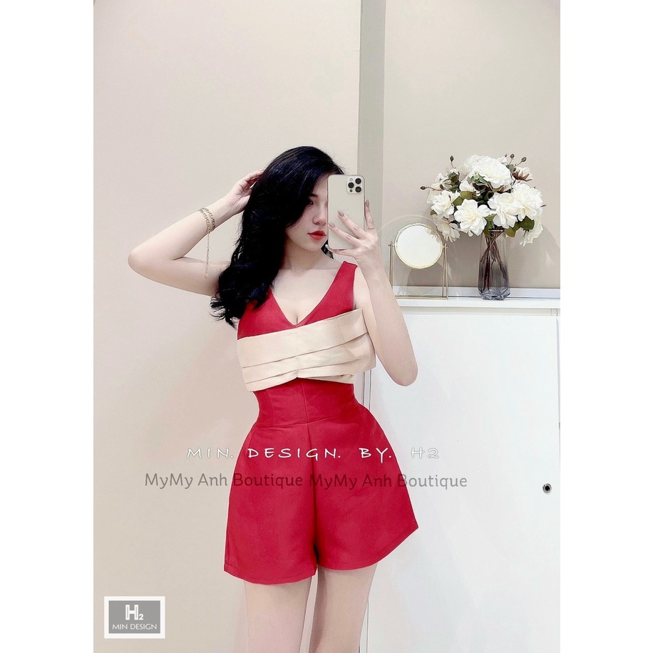 Jumpsuit đùi nữ hai dây bản to phối nơ trắng dễ thương