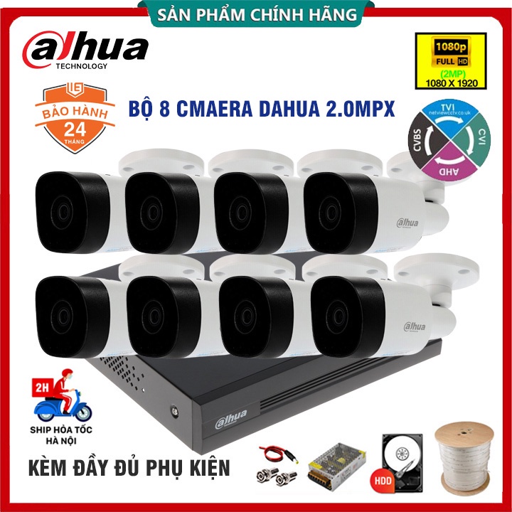 BỘ 8 CAMERA GIÁM SÁT DAHUA 2.0MP, FHD 1080P, KÈM HDD (500GB/1TB/2TB), ĐẦY ĐỦ PHỤ KIỆN - BẢO HÀNH HÃNG 24 THÁNG