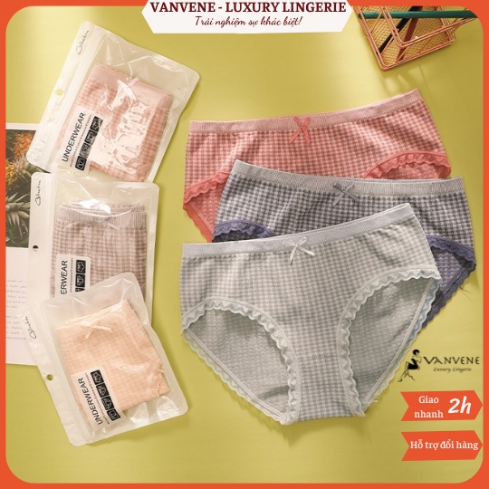 Quần lót cotton nữ cạp vừa Vanvene hoạ tiết kẻ caro viền ren chống hằn Q023