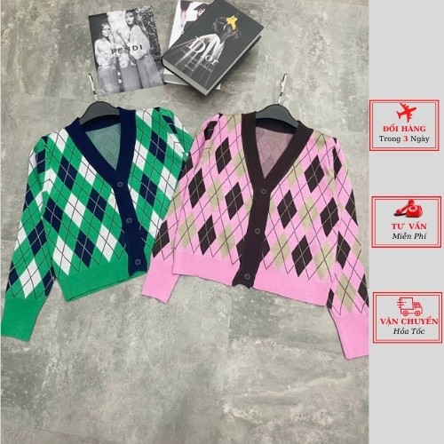 Áo Cardigan Dệt Kim Tay Dài Cổ Chữ V Họa Tiết Hình Thoi Quả Trám Phong Cách Hàn Quốc thời trang nữ yolo fashion