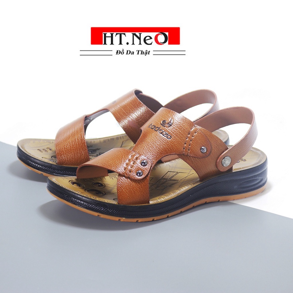 Dép quai hậu nam HT.NeO ,Sandal nam da bò đế kếp cao su tăng chiều cao êm mềm đi nước đi mưa thoải mái thoáng mát SDN01