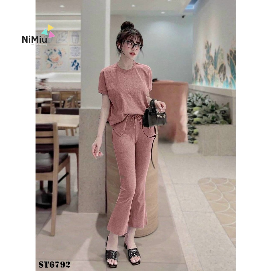 Sét Bộ Nữ Thời Trang Mặc Đi Chơi, Sét Bộ Thun Gân Áo Tay Ngắn Mix Quần Ống Loe Thời Trang Cao Cấp