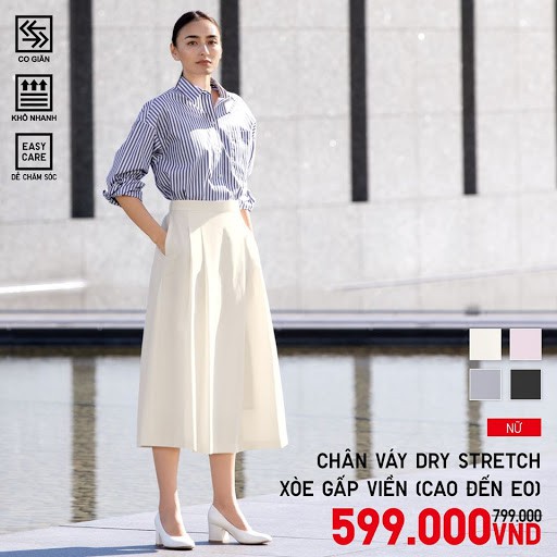 (UNIQLO Nhật chính hãng) Nữ - Chân váy cạp chun xếp ly Dry Stretch High-waisted