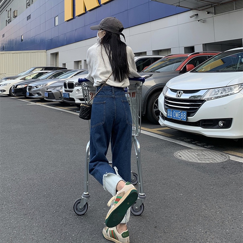 Quần jeans nữ lưng cao ống rộng màu tương phản năng động sành điệu