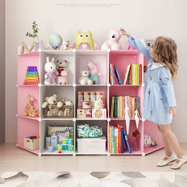 TỦ NHỰA GHÉP 15 NGĂN ( GỒM 9 Ô+ 6 KỆ GÓC) ĐỂ ĐỒ CHƠI, GẤU BÔNG CHO BÉ SÂU 35cm.