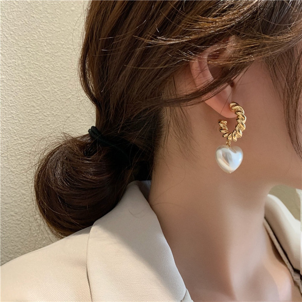 Bông Tai Ngọc Trai Hình Trái Tim Thời Trang Cao Cấp Phong Cách Retro