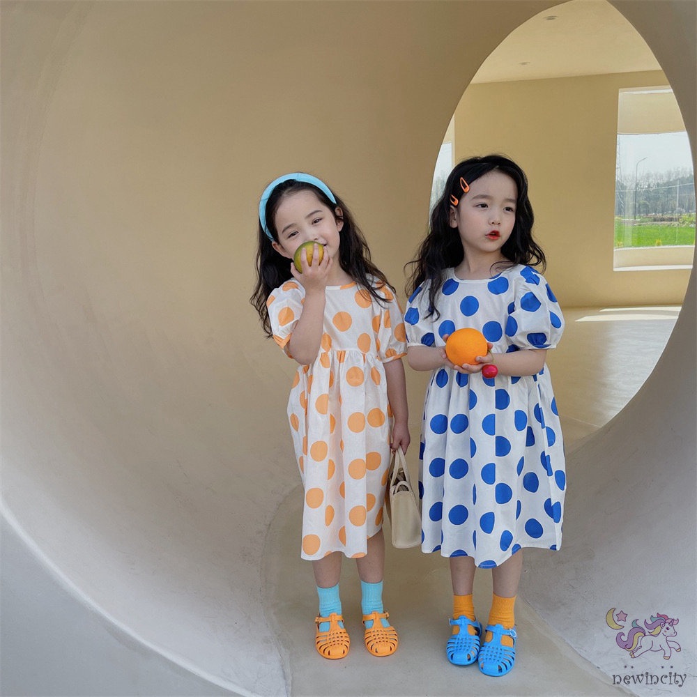 Đầm Tay Phồng Ngắn Họa Tiết Chấm Bi Thời Trang Mùa Hè Hàn Quốc Cho Bé Gái