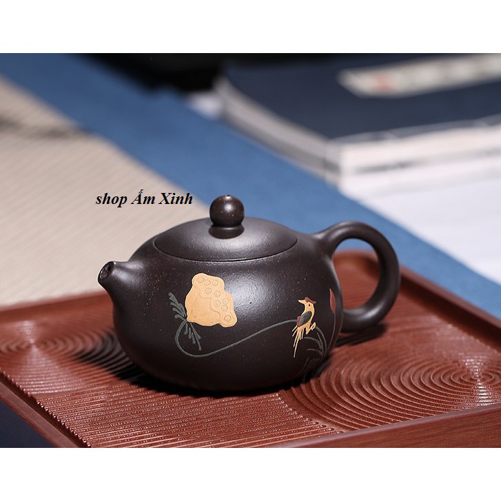 Ấm Tử Sa Nghi Hưng Tây Thi Sen Chim 180 ml (Hắc Kim Sa, Lọc Tổ Ong)