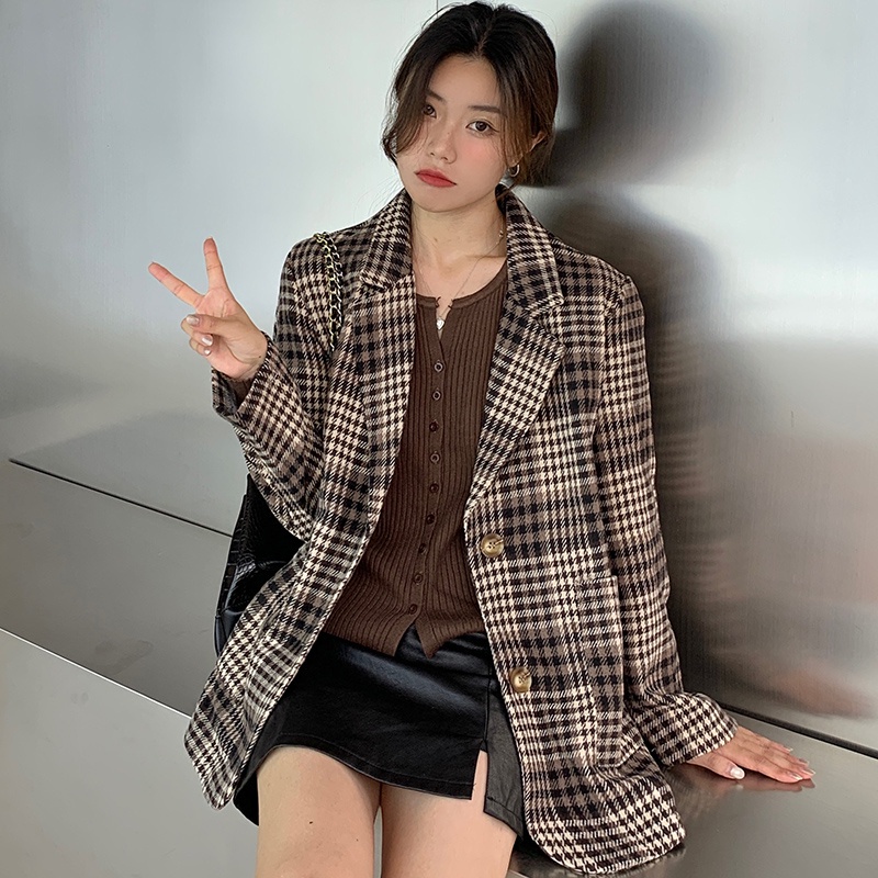 SUXI Áo Khoác Blazer Họa Tiết Kẻ Sọc Thời Trang Thu Đông Hàn Quốc Mới Cho Nữ