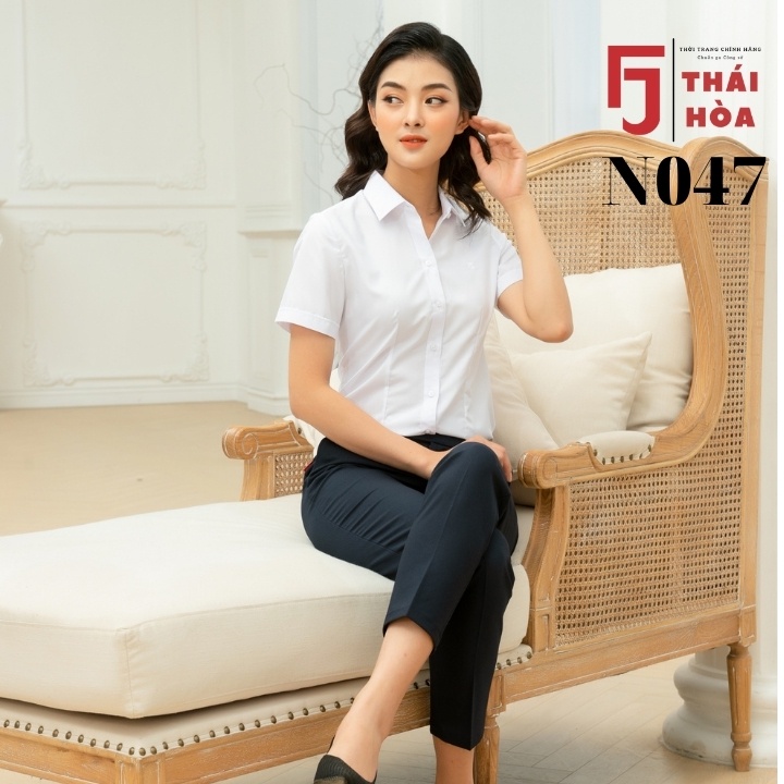 Áo sơ mi nữ tay ngắn bigsize trắng đẹp kiểu công sở cotton Thái Hoà N047-01-01 ...