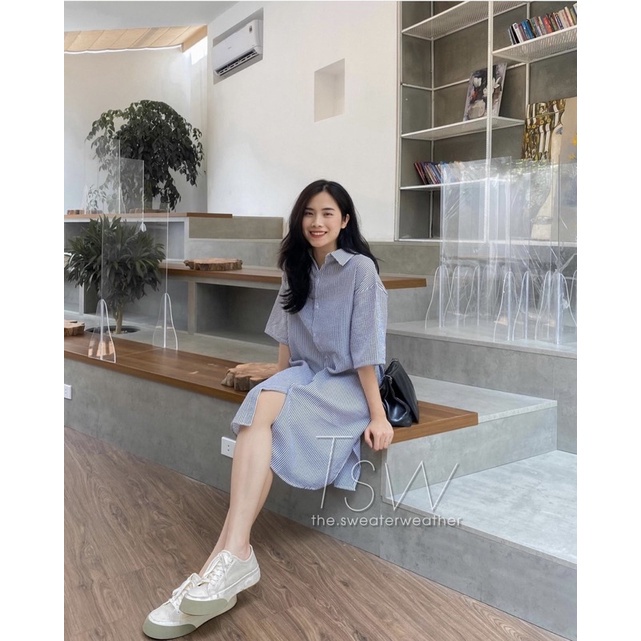 Váy sơ mi nữ form rộng kẻ dáng suông hai màu đen xanh phong cách Hàn Quốc Kozoda D25 | BigBuy360 - bigbuy360.vn