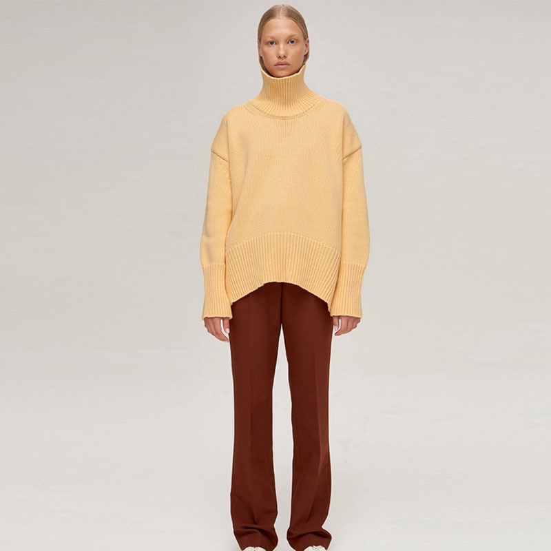 DUNEA Áo len cổ lọ tay dài màu sắc đơn giản dành cho nữ