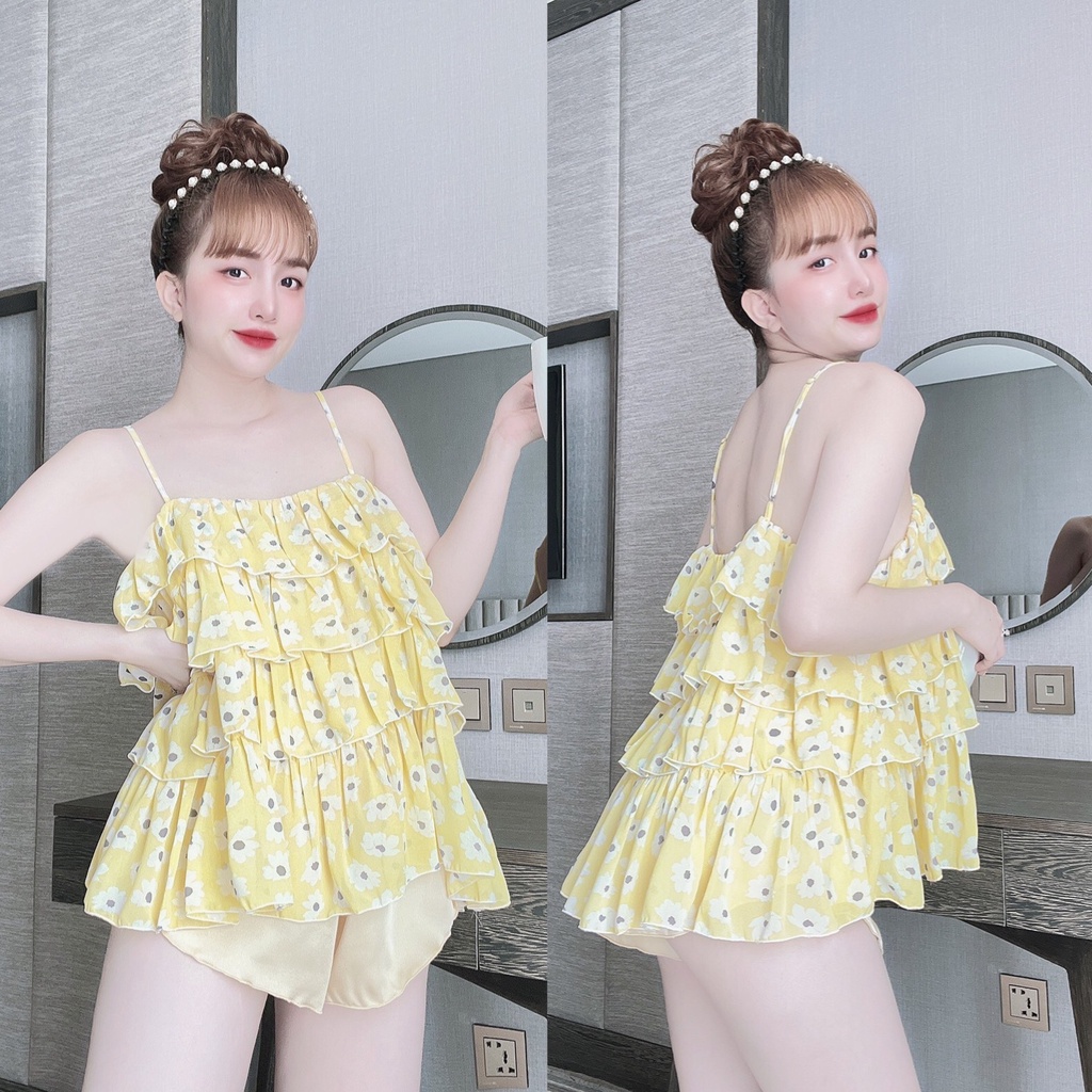 Đồ Ngủ Sexy Nữ, Bộ Hai Dây 4 Tầng Chất Chiffon freesize 40-70Kg