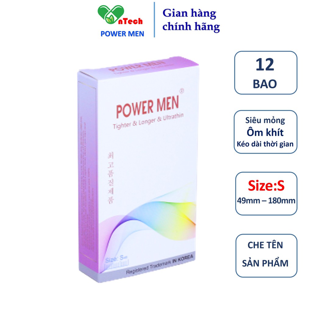 Bao cao su POWER MEN TIGHTER & CLOSER & ULTRATHIN siêu mỏng dáng ôm khít 3D chống tuột size nhỏ 49mm hộp 12 chiếc