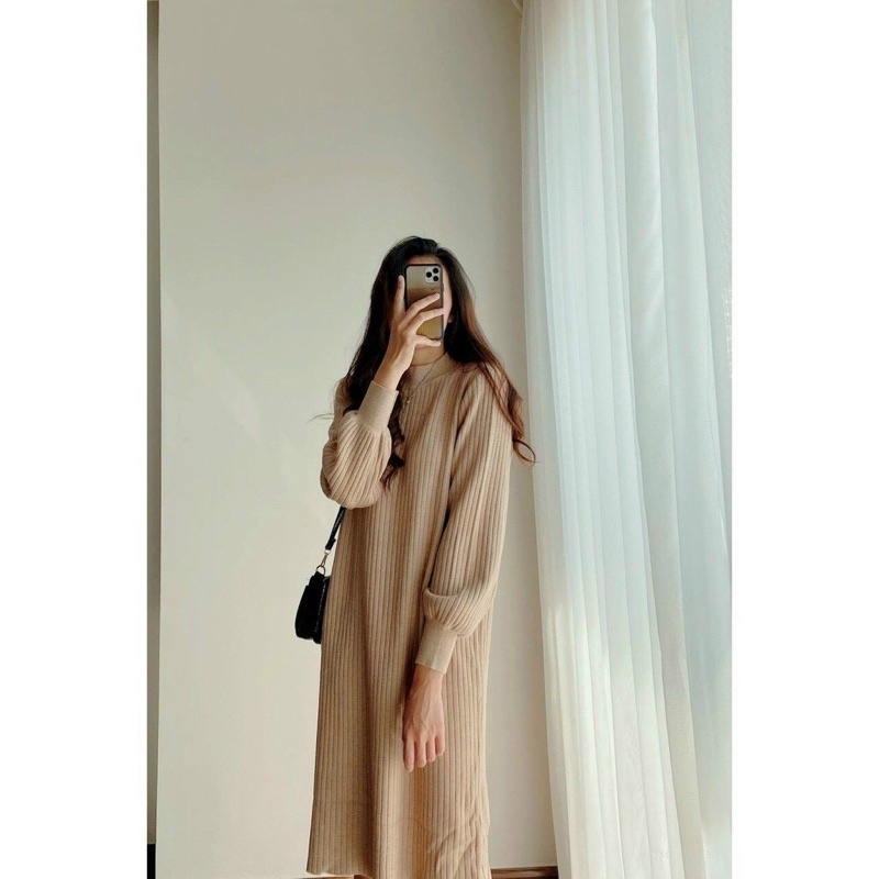 Váy len cổ 3 phân tay bồng dáng suông hàng QC 3 màu bầu bí bon chen được