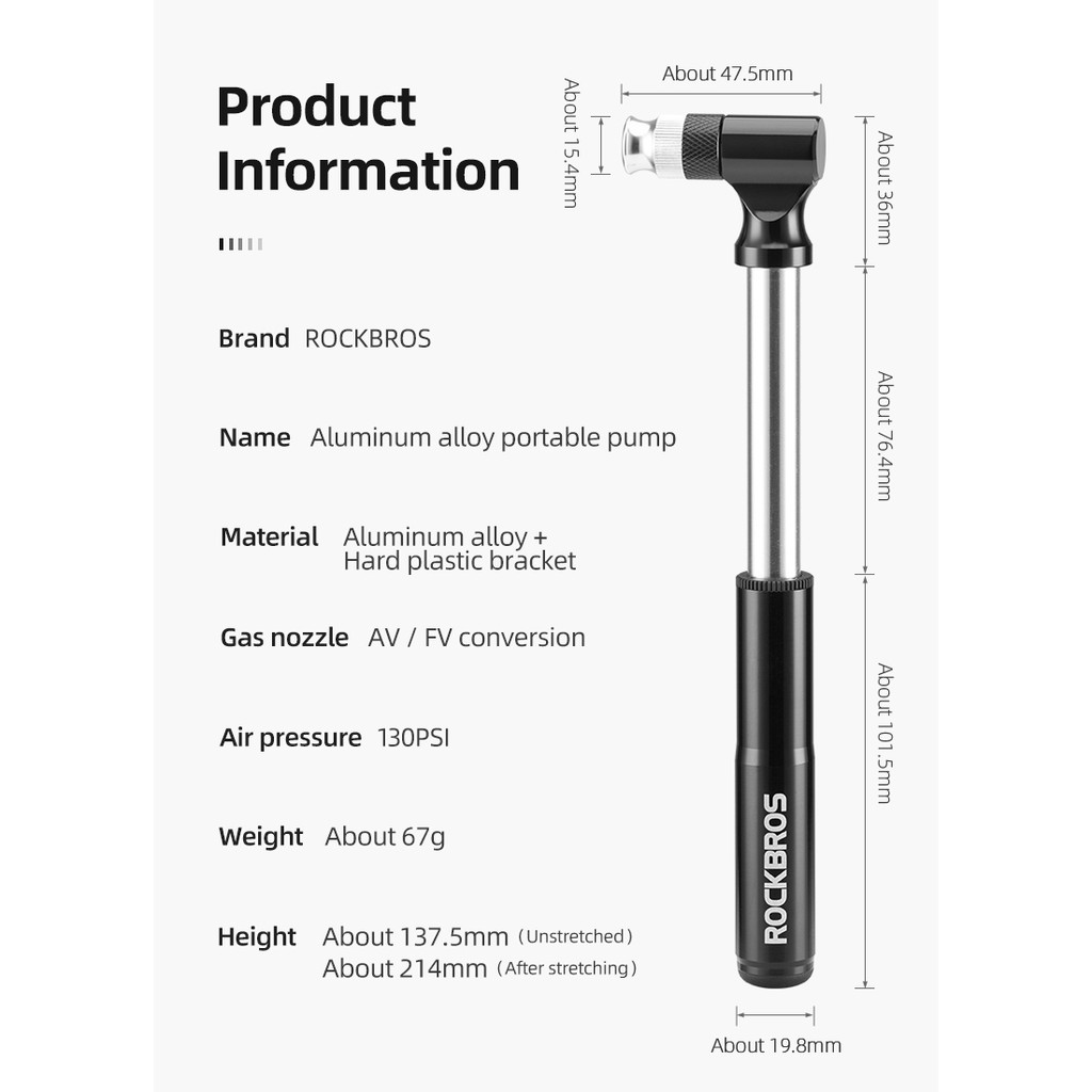 Bơm xe đạp ROCKBROS tiện dụng bằng hợp kim nhôm 130psi
