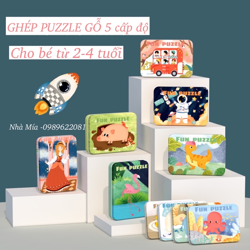 Ghép hình hộp thiếc 5 cấp độ, ghép puzzle 1 hộp 5 tranh 5 cấp độ cho bé từ 2-4 tuổi