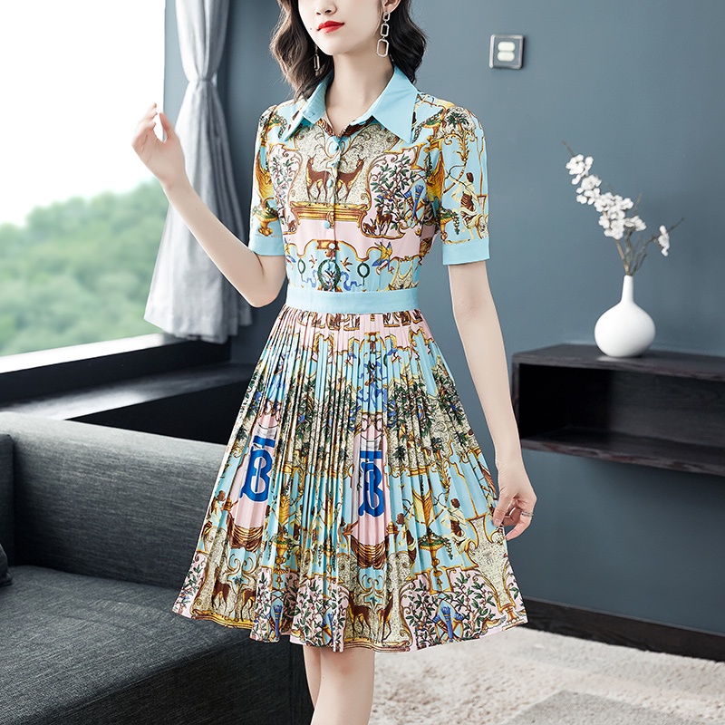 Đầm Midi Chữ A Tay Ngắn Xếp Ly In Họa Tiết Thời Trang Mùa Hè Dành Cho Nữ