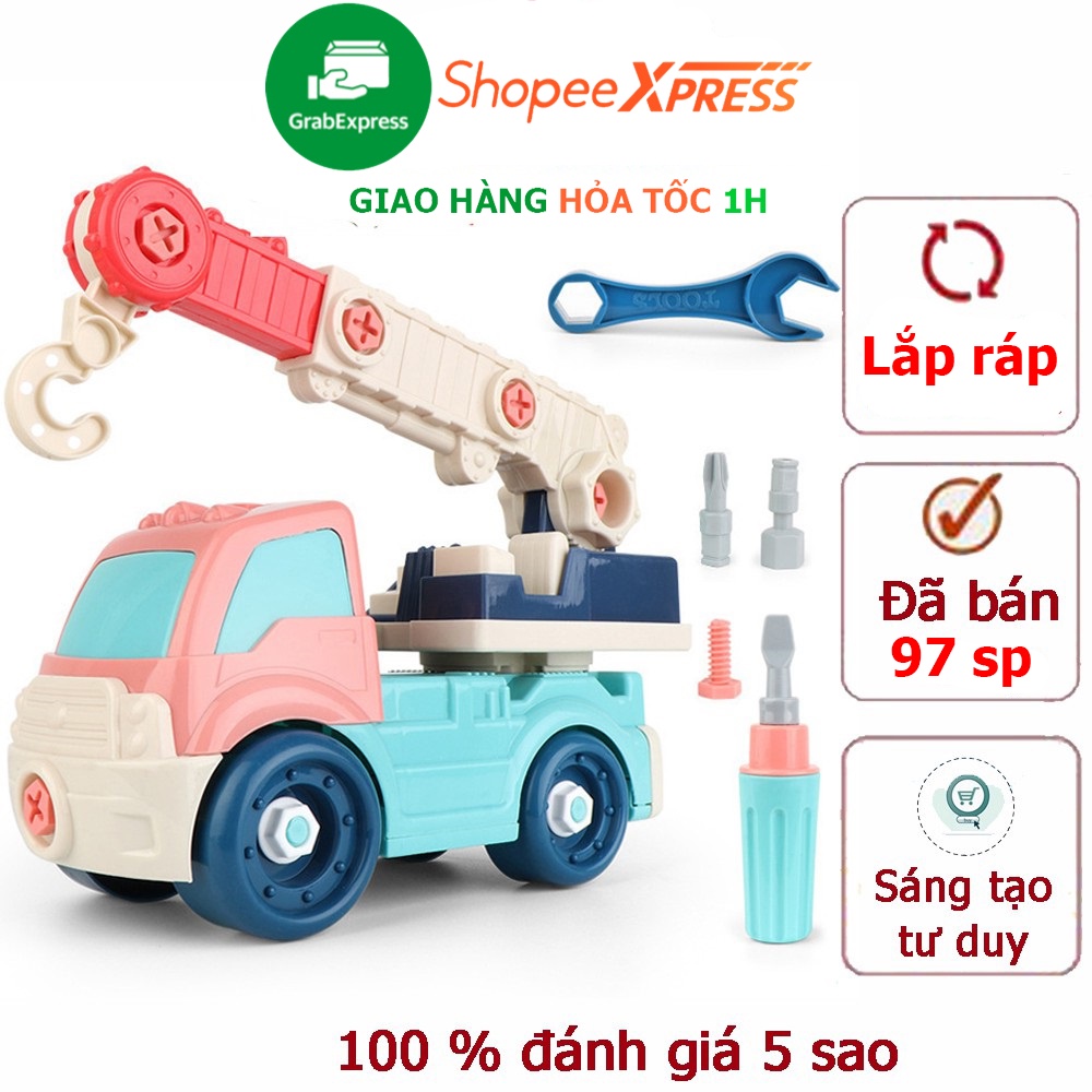 Bộ đồ chơi lắp ráp xe cần cẩu kích thích giác quan của bé, kích thước rất lớn, nhựa an toàn (kèm vít)