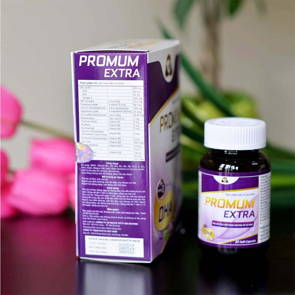 Vitamin tổng hợp PROMUM EXTRA cho bà bầu - Lọ 30 viên từ dầu cá hồi, EPA, DHA, Omega, Canxi Acid Folic và sắt