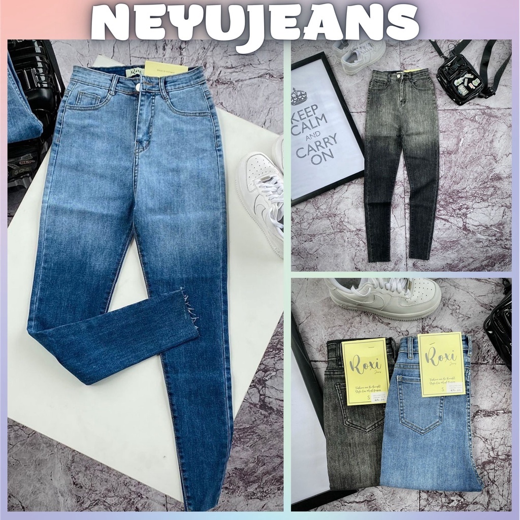 Quần Jean Nữ Skinny Ôm Co Giãn Chất Đẹp Lai Tua Cạp Lưng Cao Loang 2 Màu Trơn Kiểu Cá Tính