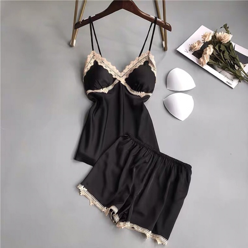 Bộ ngủ lụa 2 dây cao cấp phối ren ngực- Đầm mặc nhà sang chảnh quyến rũ