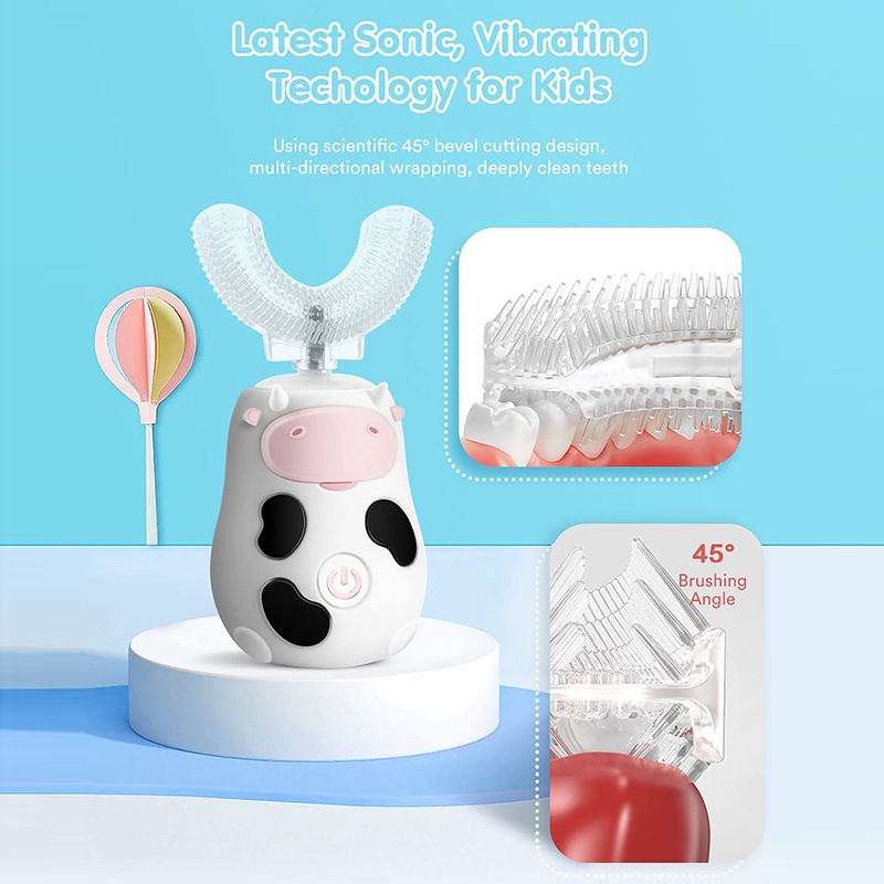 Bàn chải đánh răng tự động 2 chế độ siêu âm thông minh 360 độ hình chữ U chống thấm nước IPX7 cho trẻ em 1-6 tuổi