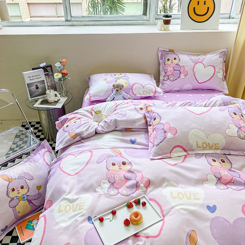 Set chăn ga cotton poly nhập khẩu có chăn trần bông - mẫu thỏ stella mới tím cute