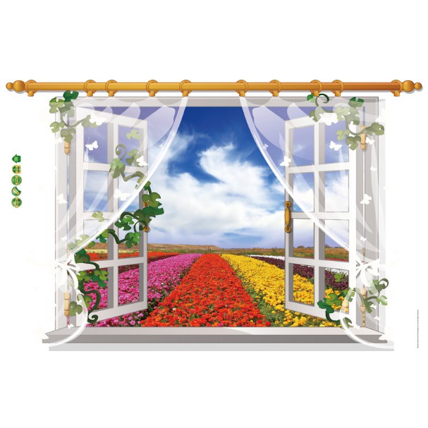 Decal trang trí khung cửa sổ 3D vườn hoa lớn xinh đẹp