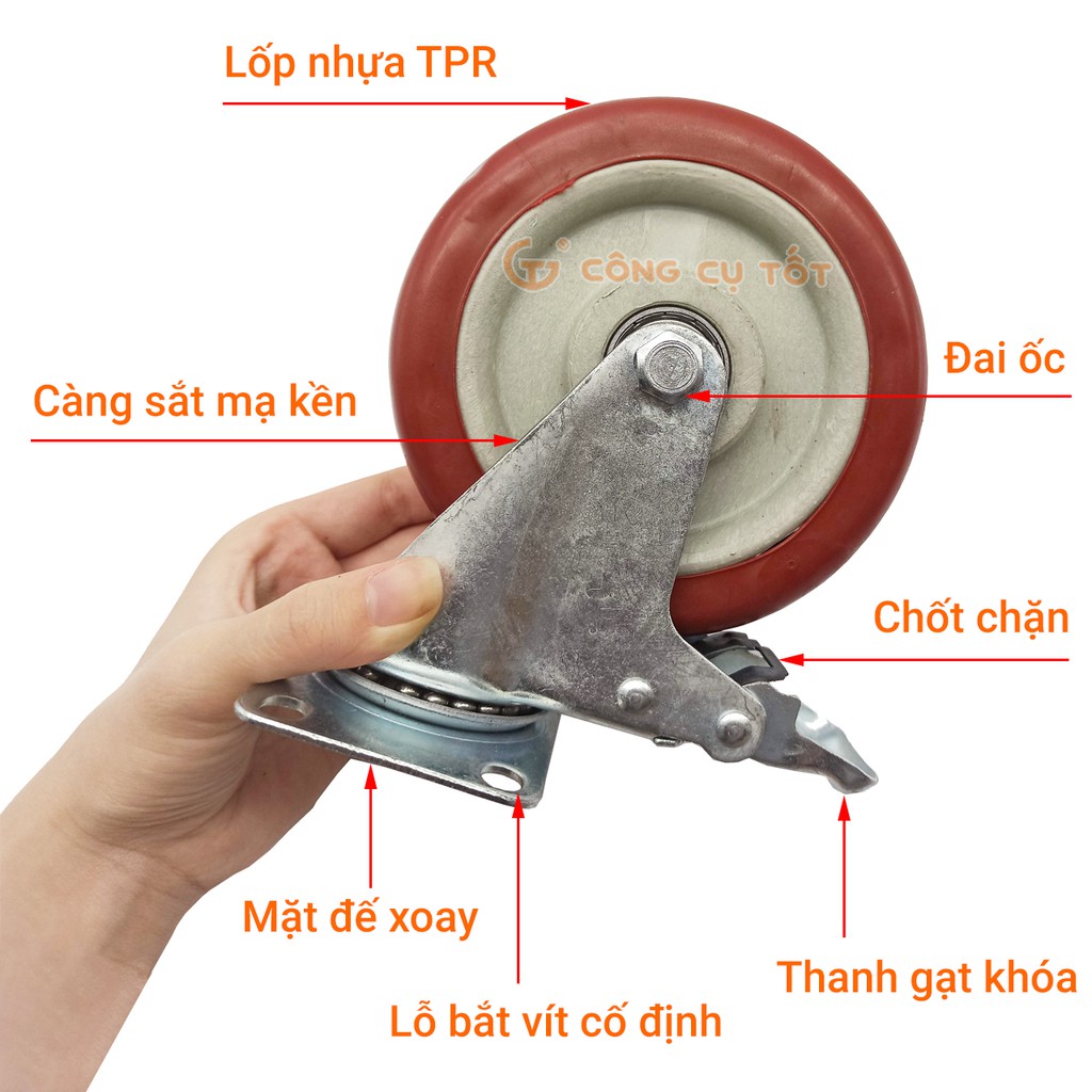 Bánh xe đẩy mặt đế xoay càng sắt mạ kền tải trọng 65kg lốp nhựa TPR đỏ mận rộng 32mm Φ120mm