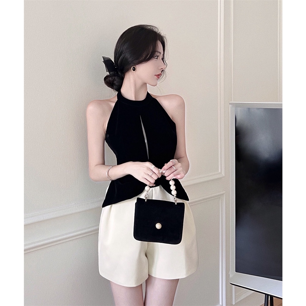 Áo Liền Quần Ngắn Hai Dây Đính Nơ Màu Sắc Tương Phản Phong Cách Pháp Dành Cho Nữ