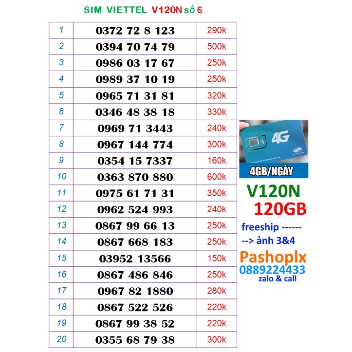Sim V120N viettel 10 số đẹp 6