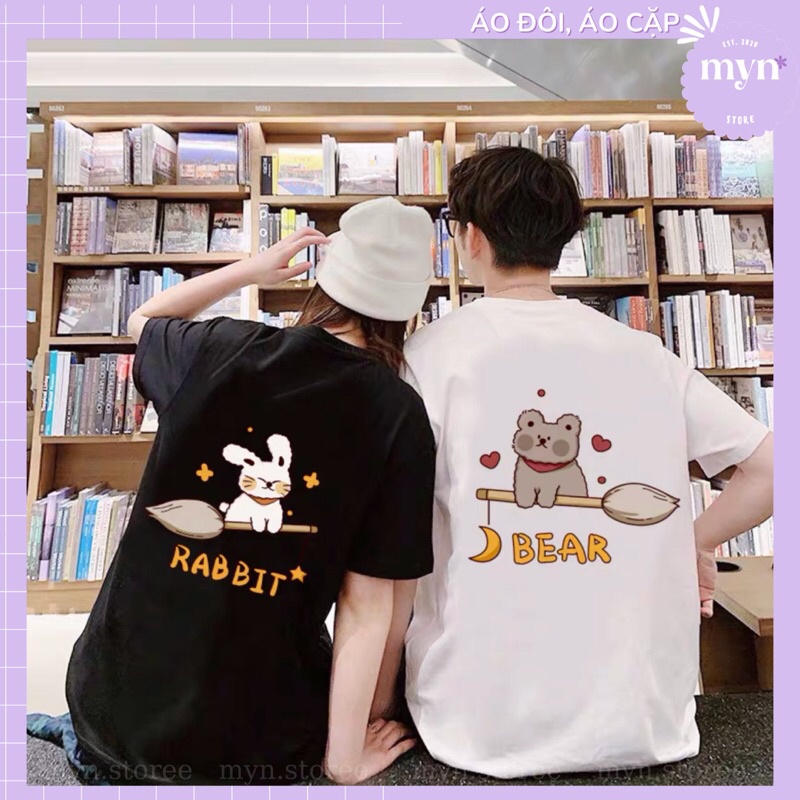 Áo thun cặp đôi họa tiết Thỏ - Gấu chất cotton, form rộng siêu đẹp, Áo phông cặp đôi Unisex Nam Nữ