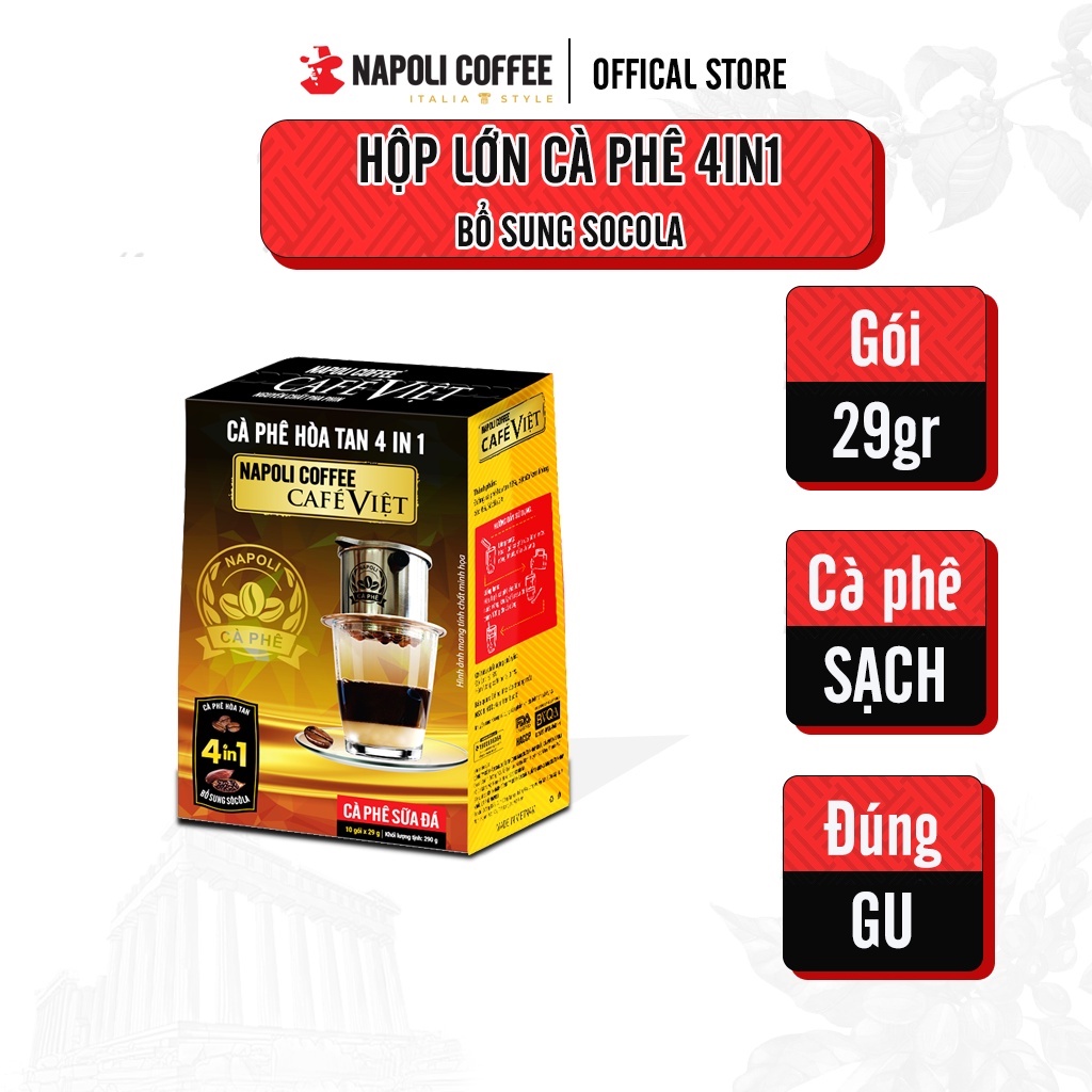 Cà Phê Sữa Đá Bổ Sung Socola Napoli Coffee 4in1 (10 gói x 29g) Cafe sạch hộp lớn