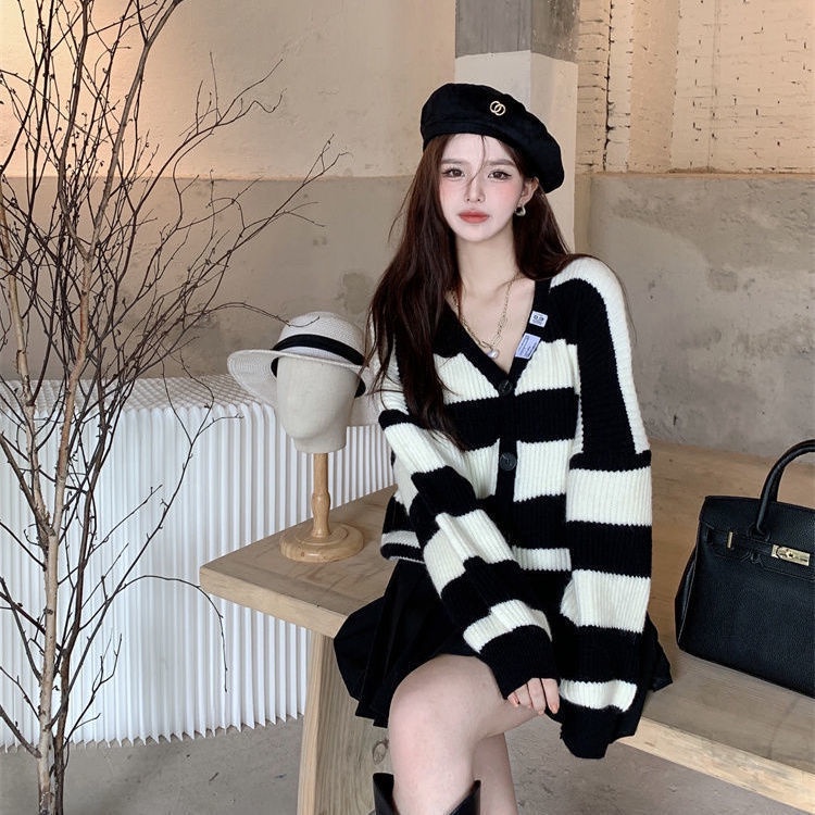 Jiashucheng Áo Khoác Cardigan Dệt Kim Tay Dài Dáng Rộng Họa Tiết Kẻ Sọc Phong Cách Retro Nhật Bản