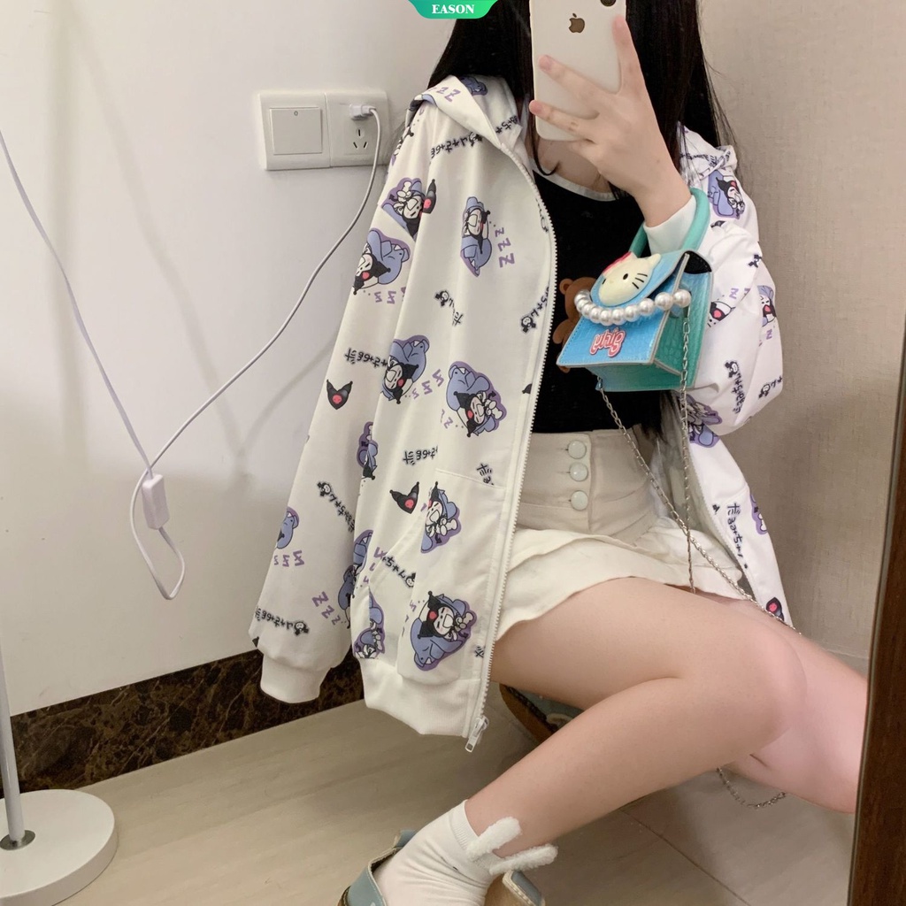 Áo Khoác Cardigan Có Mũ Dáng Rộng In Hình Sanrio Kuromi Thời Trang Thu Đông 2022