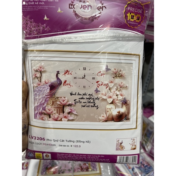 tranh thêu chữ thập Phú quý cát tường đồng hồ lv3206 (76x49)